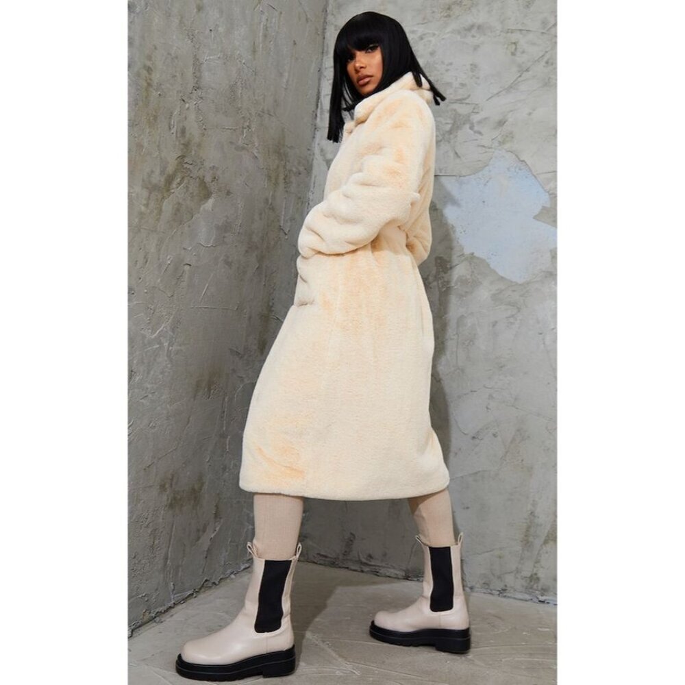PrettyLittleThing Cream Faux Fur Long Coat - Picture 2 of 8